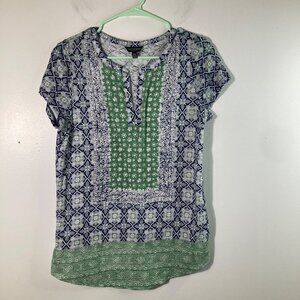 Womens Lucky Brand V Neck Tee Shirt Short Sleeve Floral Geometric M Blue Green W